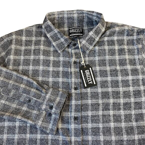 Grizzly Griptape Windowpane Plaid Flannel Shirt Men XL Gray Button Up Aspen NWT - Picture 1 of 11